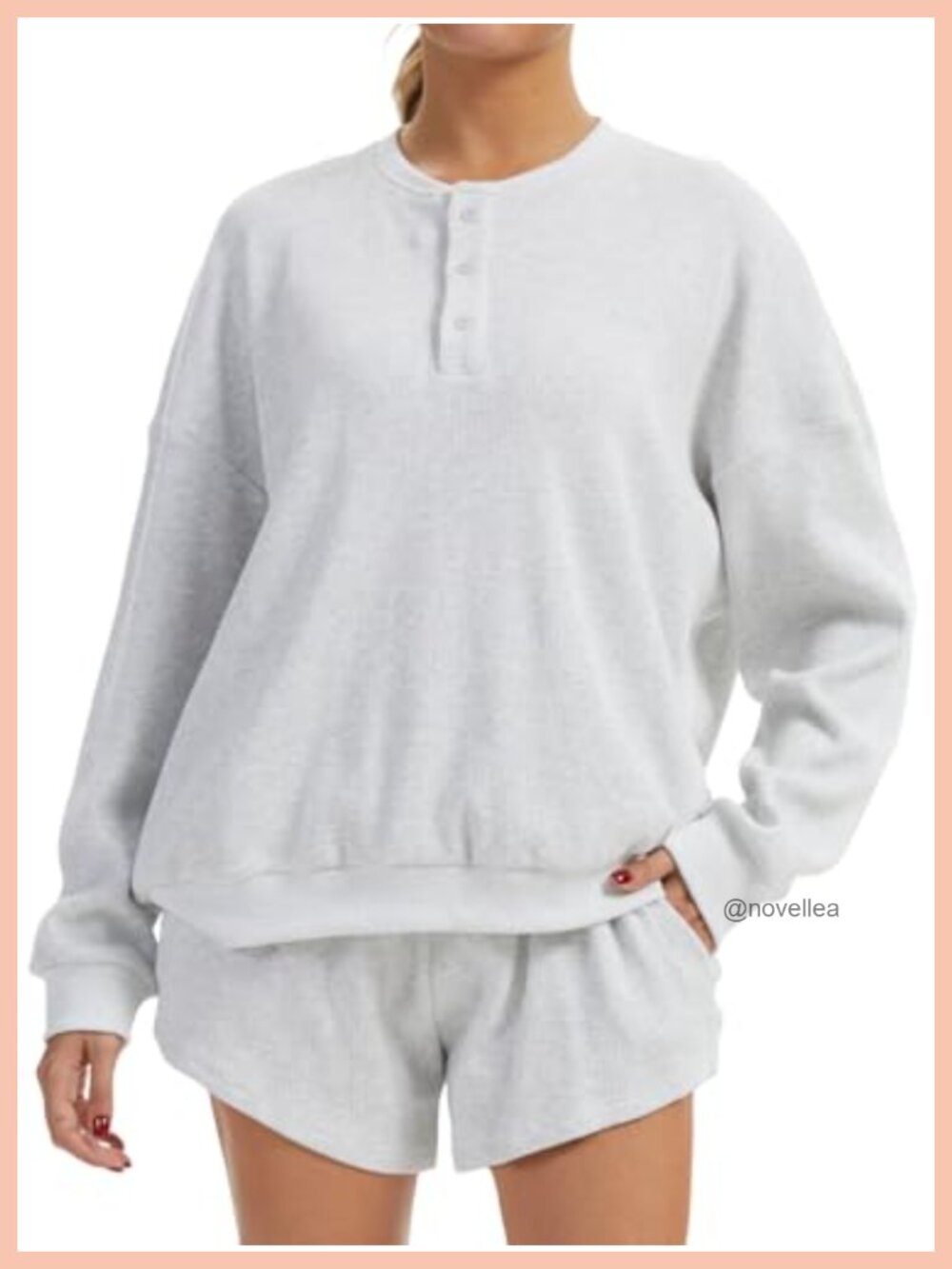 Womens Waffle Knit Lounge Set 2PC Oversized Henley Top High Waisted Shorts